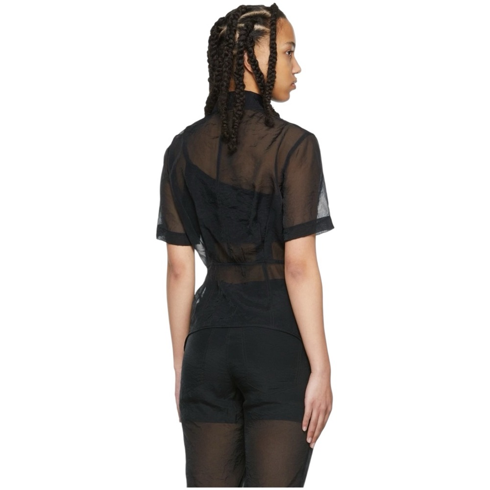 Helmut Lang Black Sheer Shirt - Black Button Up Organza Short Sleeve Shirt Top - Picture 3 of 13